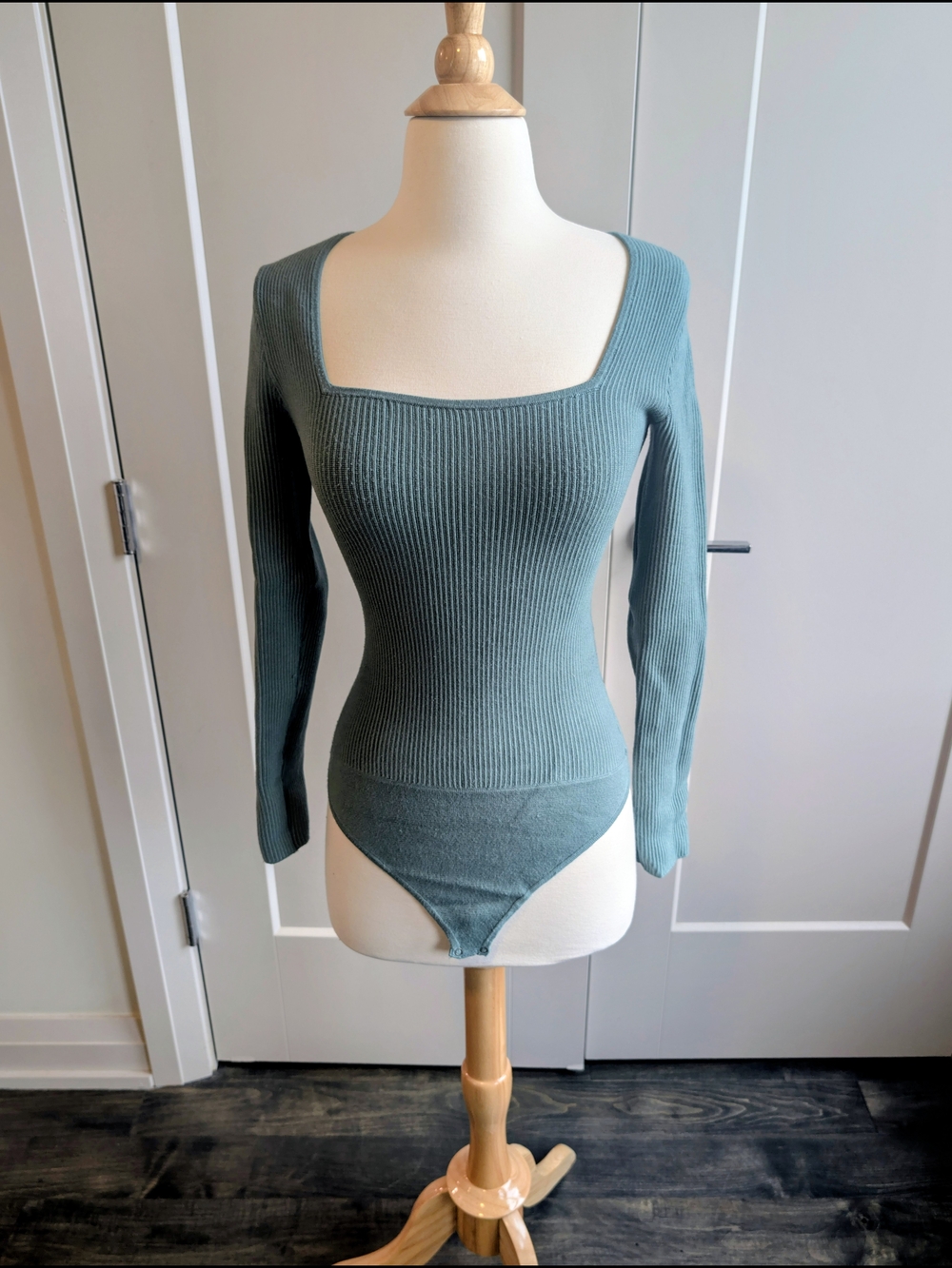 Abercrombie & Fitch Ribbed Square-Neck Bodysuit in Teal Green